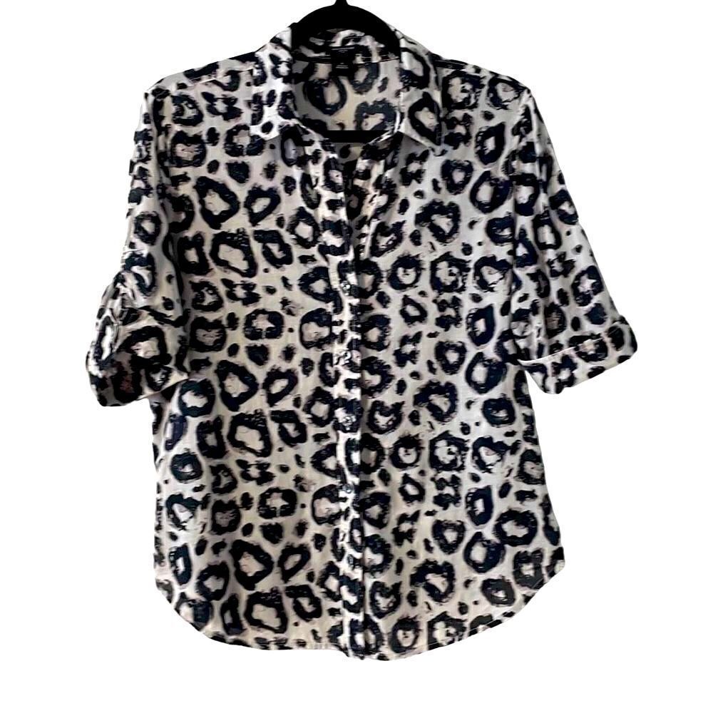 Ann Taylor white & black abstract print light cotton short sleeve blouse 12
